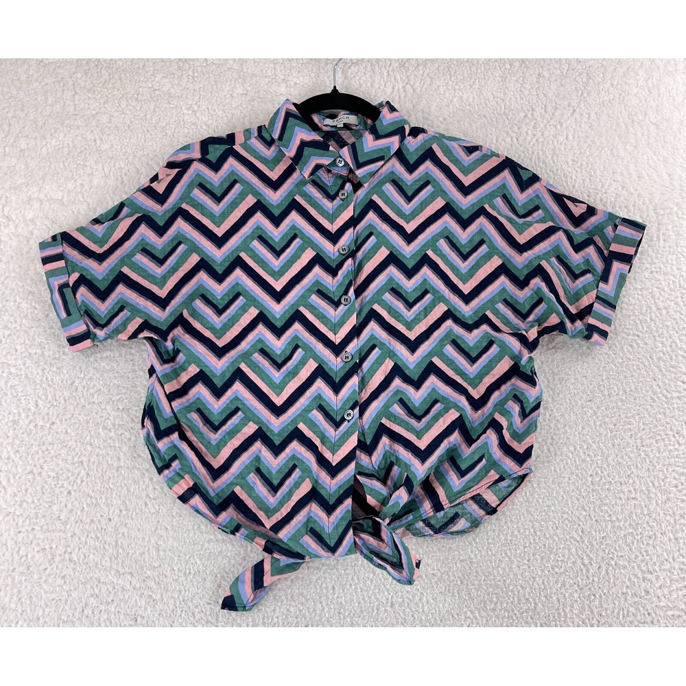 FRNCH Blue Chevron Print Button-Up Shirt Womens Waist Tie Short sleeve Size S